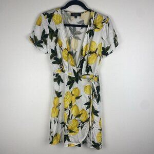 Lulu's Women's Lemon Citrus Print Wrap Dress Size S Yellow White Rayon